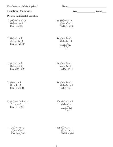 operations with functions worksheet algebra 1
